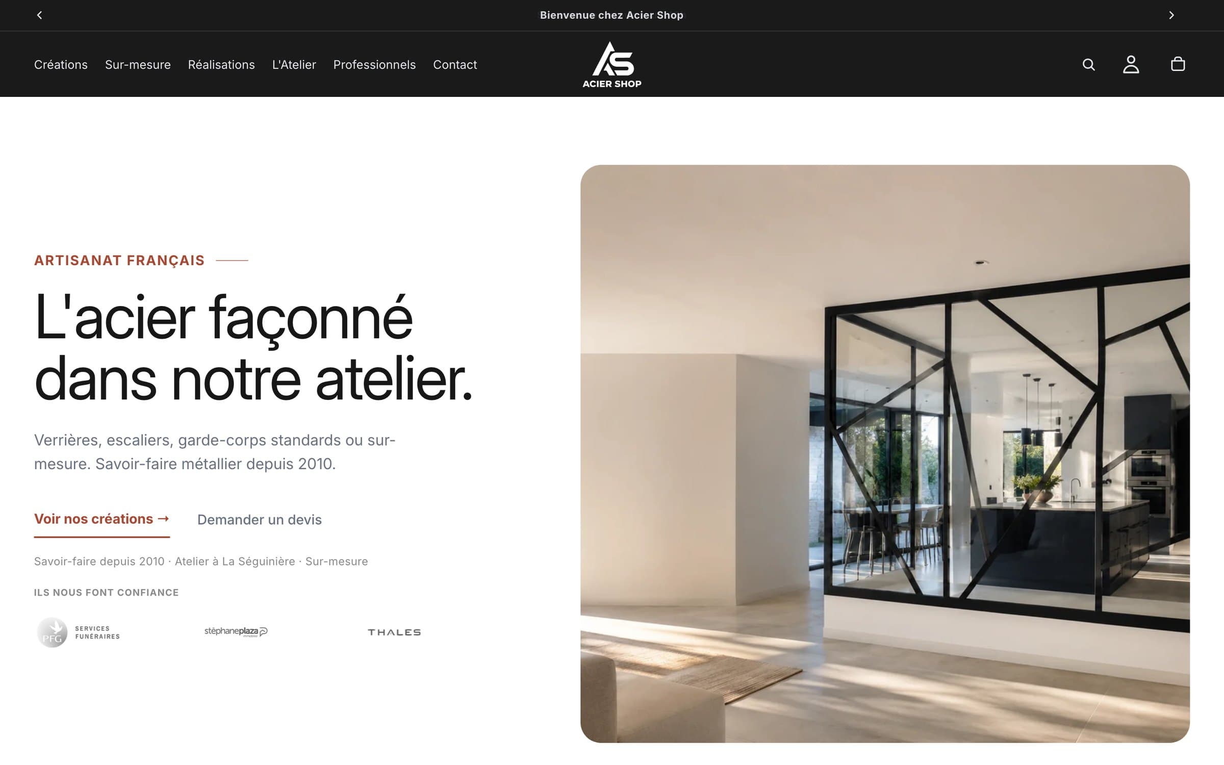 Page d’accueil de la boutique Acier Shop sur ordinateur