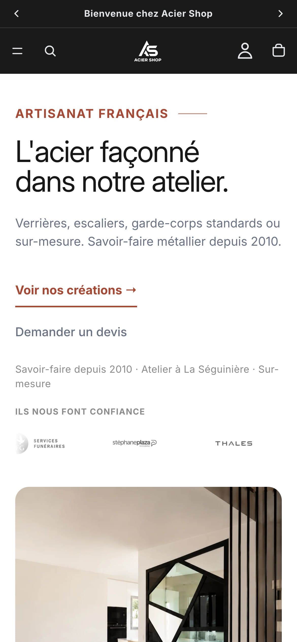Page d’accueil de la boutique Acier Shop sur mobile