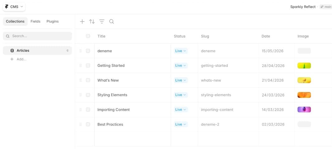 Le CMS de Framer : une collection Articles, avec pour chaque entrée son titre, son statut en ligne, son slug, sa date et son image