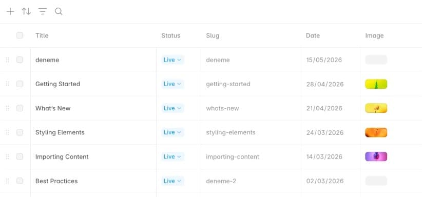 Le CMS de Framer : une collection Articles, avec pour chaque entrée son titre, son statut en ligne, son slug, sa date et son image