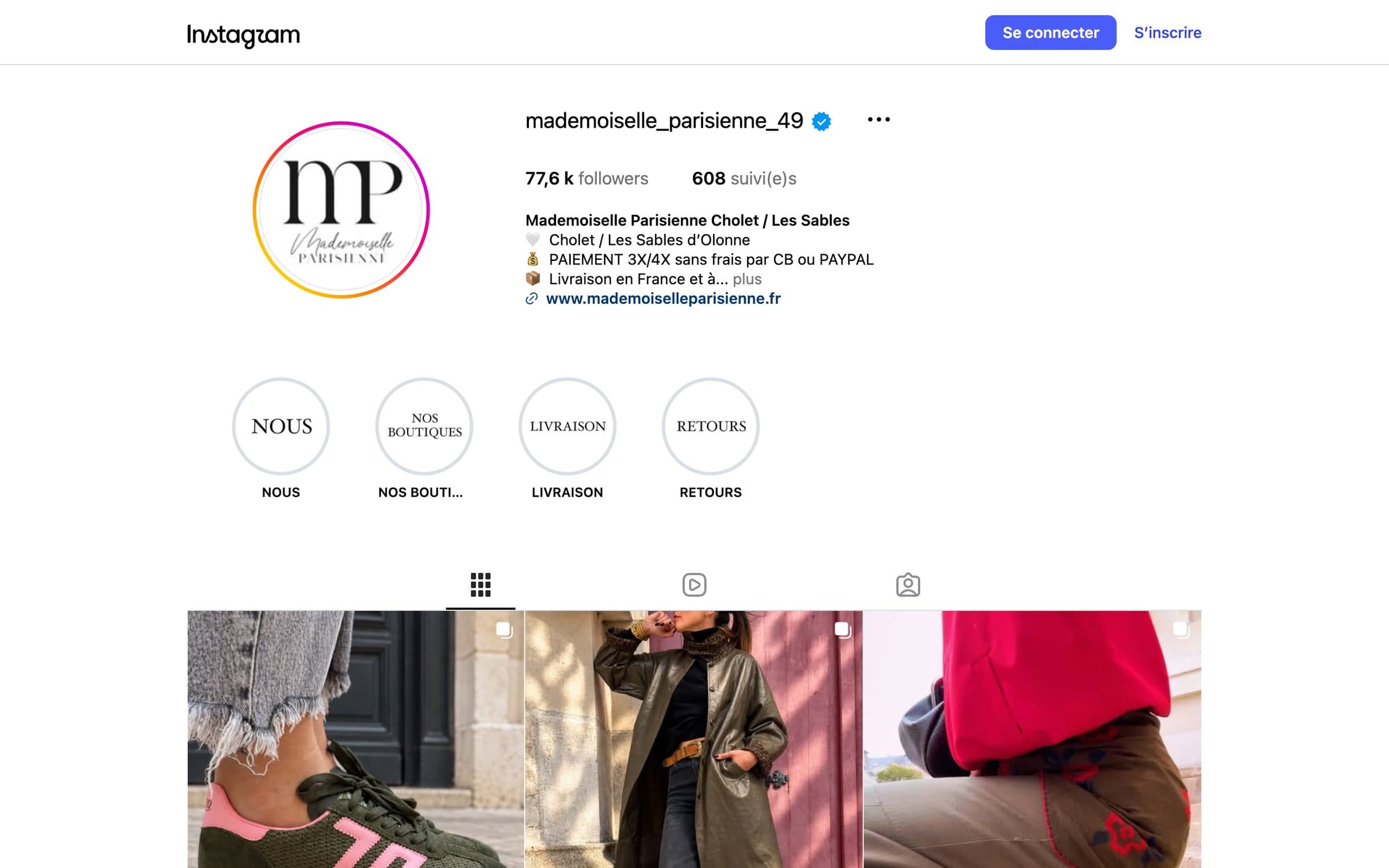 Le compte Instagram de Mademoiselle Parisienne sur ordinateur