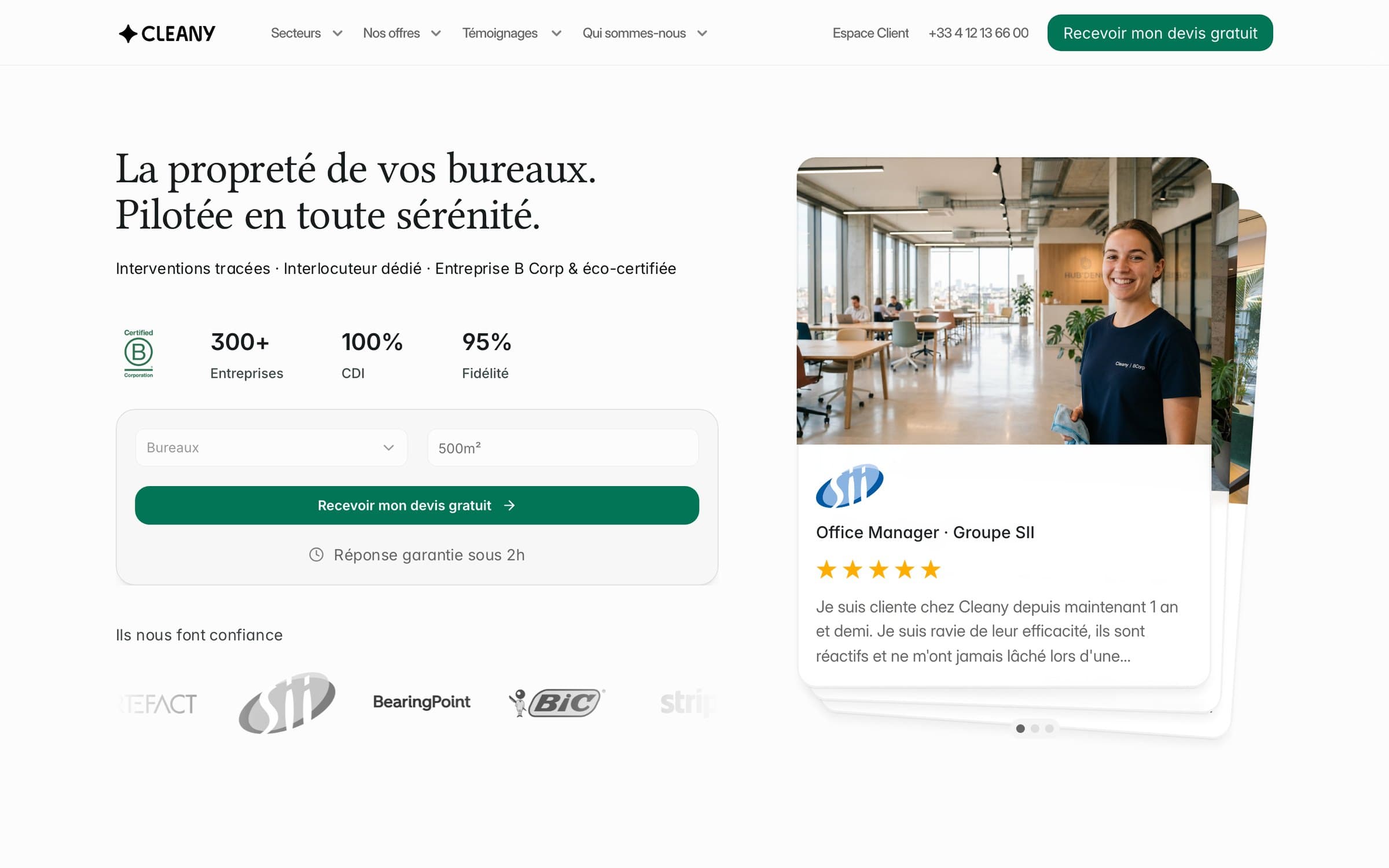 Page d’accueil du site Cleany sur ordinateur