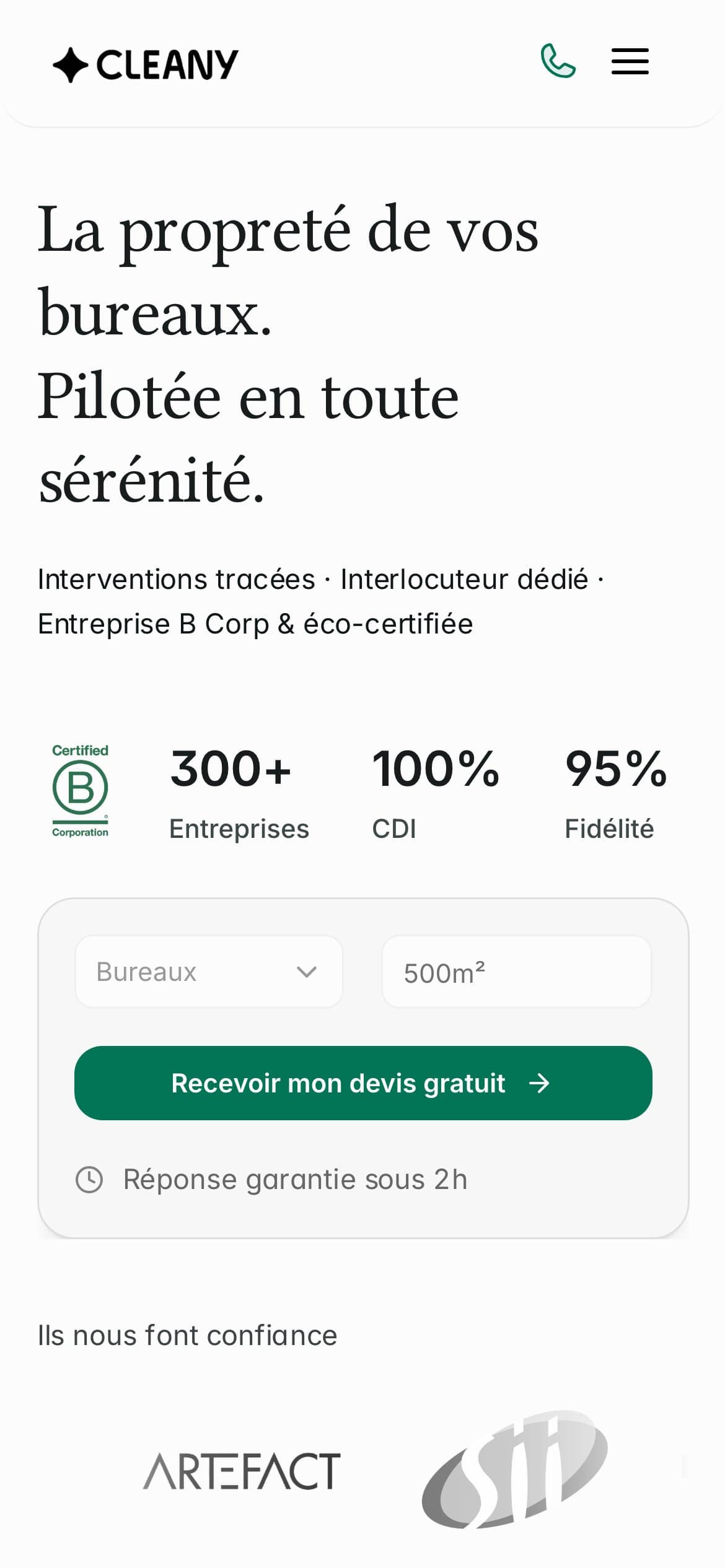Page d’accueil du site Cleany sur mobile