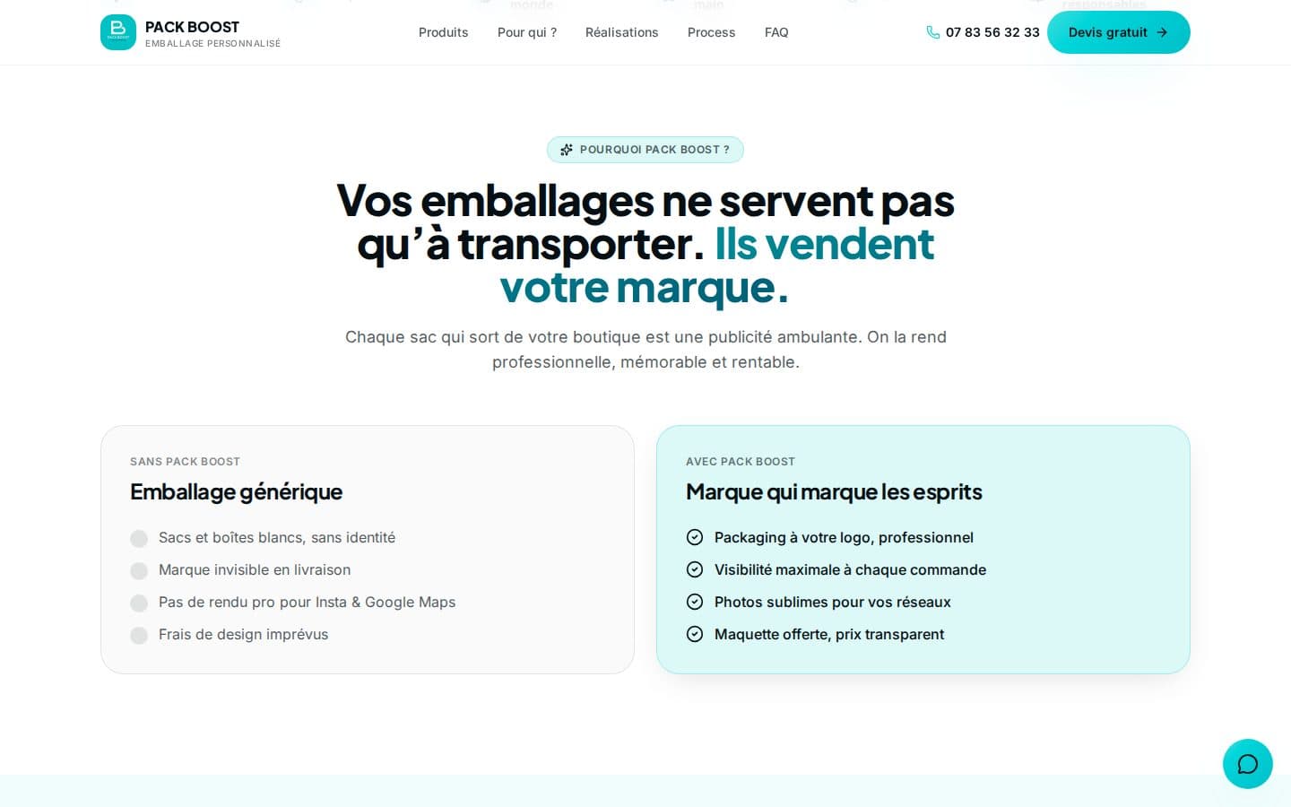 Section Pourquoi Pack Boost : sans et avec un emballage à sa marque