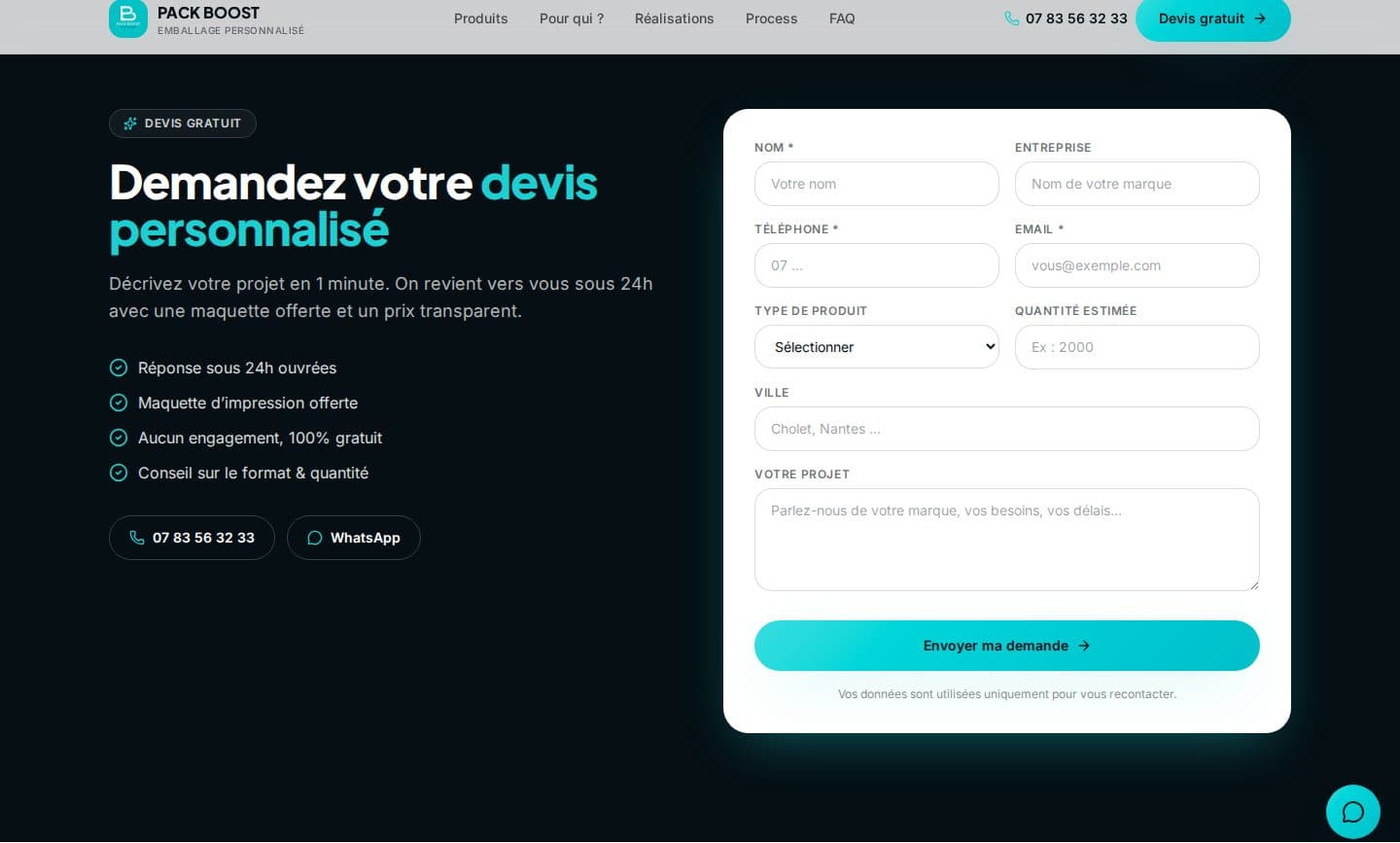 Bloc Demandez votre devis personnalisé, avec le formulaire
