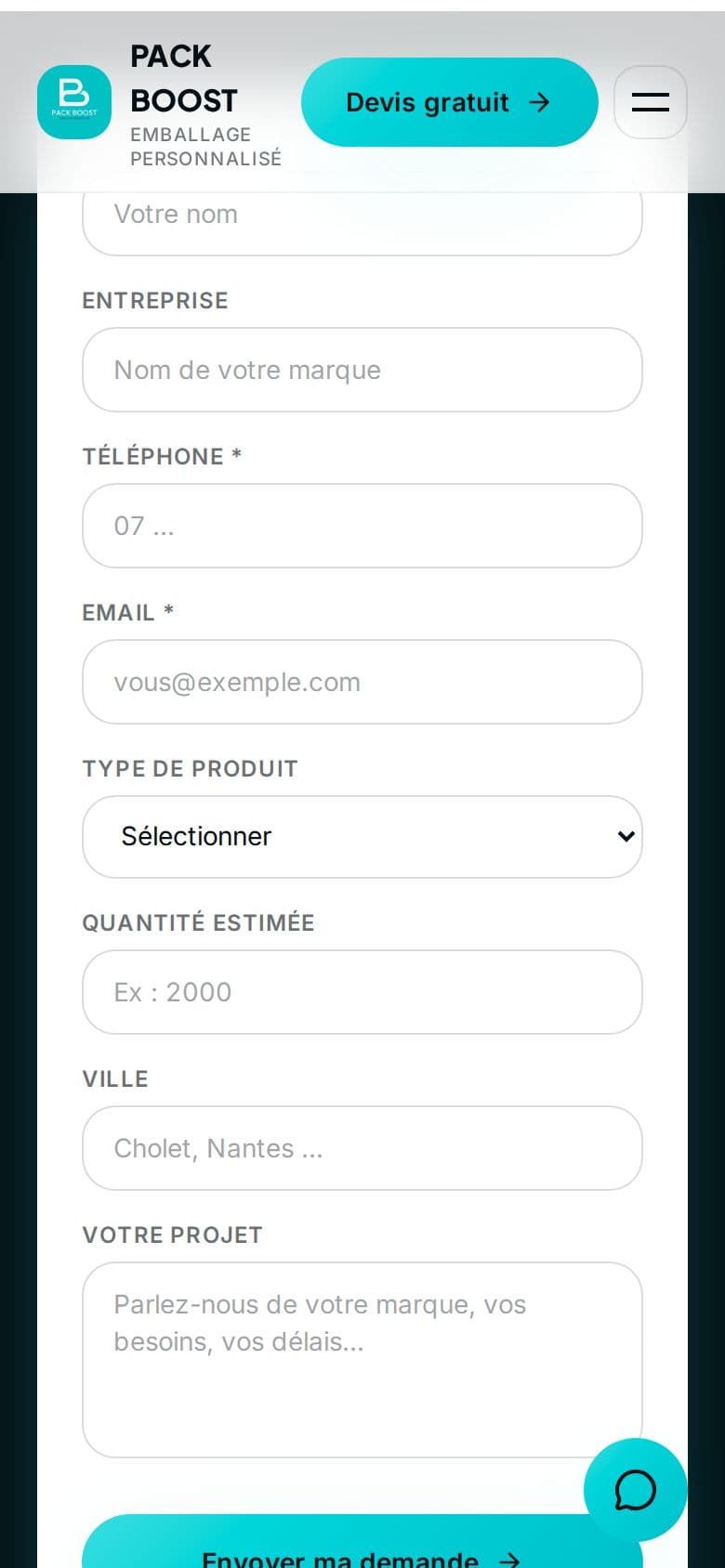 Formulaire de devis sur mobile