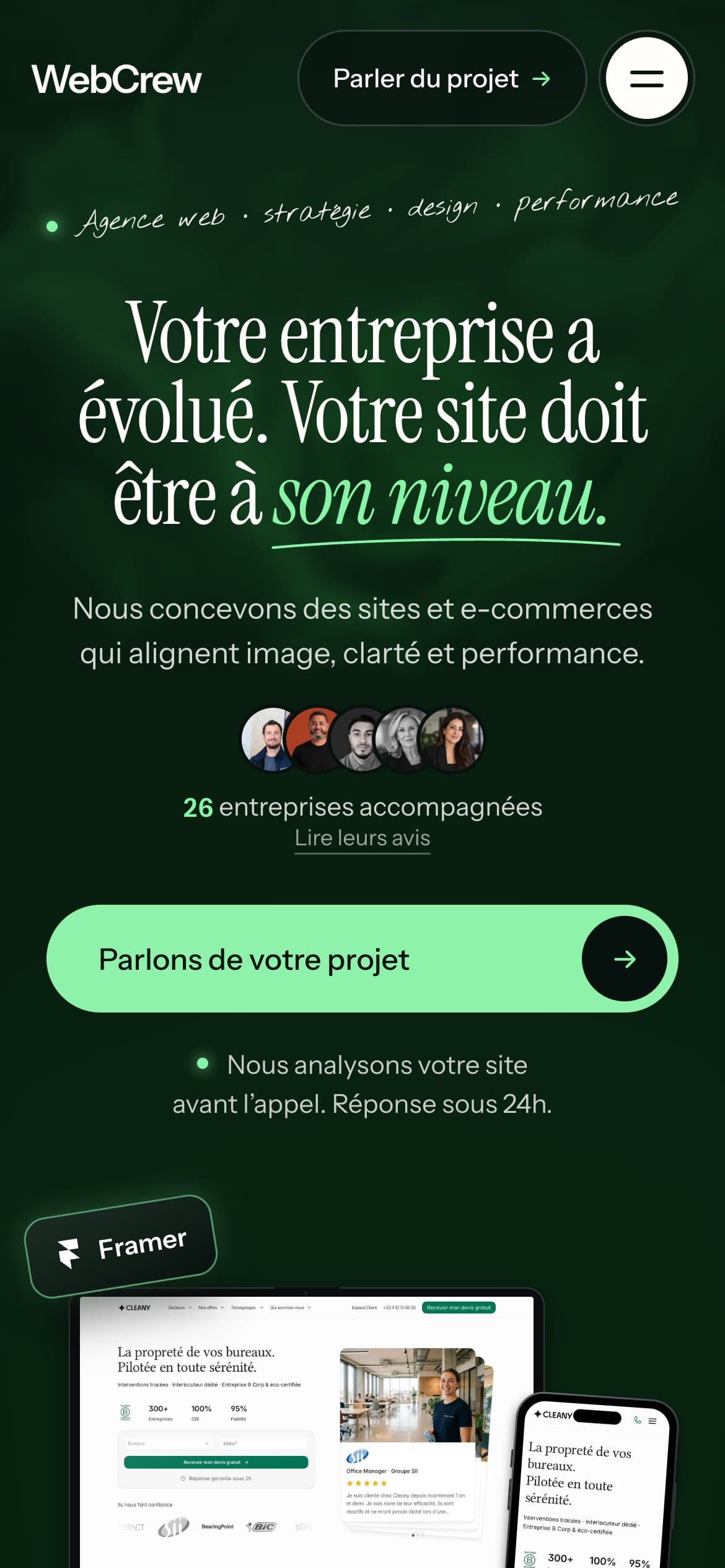 Page d’accueil de webcrew.agency sur mobile